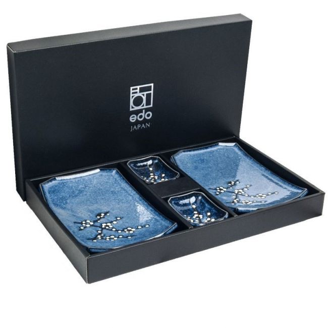 CONJUNTO 2 pratos, 2 molheiras "Soshun azul"