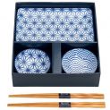 CONJUNTO DE 2 PRATOS, MOLHAS E PALITOS "Branco-azul"