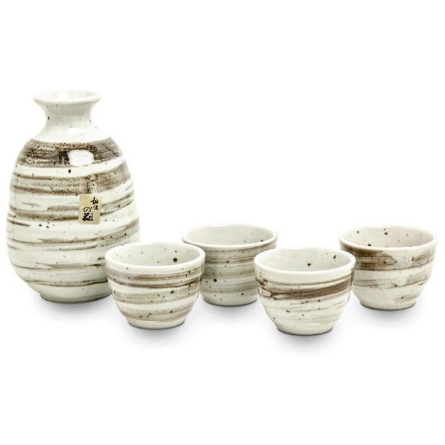 Conjunto de Saquê em Porcelana "Bege-Castanho" 5 peças