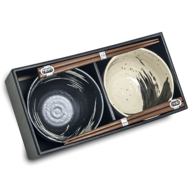 Conjunto de 2 Tigelas de Porcelana 13cm + 2 Pauzinhos "Pincel"