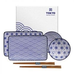 CONJUNTO DE 2 PRATOS, MOLHAS E PALITOS "Branco-azul"