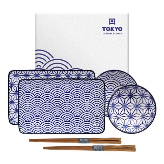 CONJUNTO DE 2 PRATOS, MOLHAS E PALITOS "Branco-azul"