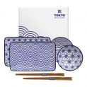 CONJUNTO DE 2 PRATOS, MOLHAS E PALITOS "Branco-azul"