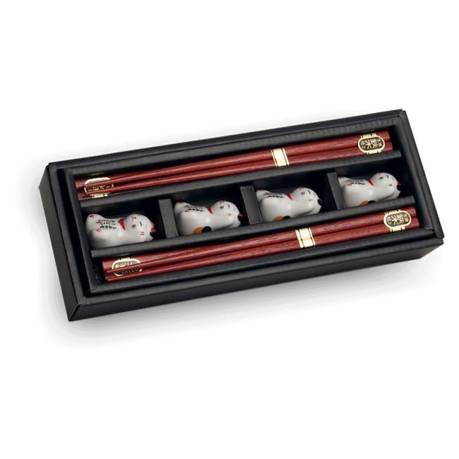 Conjunto de 4 pauzinhos e suportes "Lucky Kitten"