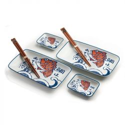 Conjunto de 2 pratos de porcelana, 2 molheiras de porcelana e 2 hashis "Sakana"