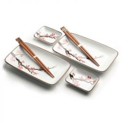 Conjunto de 2 pratos de porcelana, 2 molheiras de porcelana e 2 hashis "Sakura"