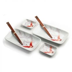 Conjunto de 2 pratos de porcelana, 2 molheiras de porcelana e 2 pauzinhos "Crane"