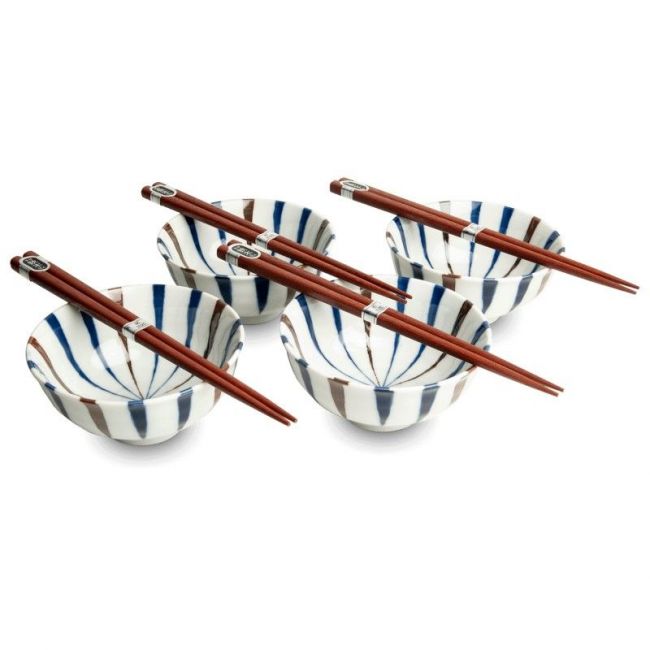 Conjunto de 4 tigelas 11,5cm Porcelana e varas "Blanco-Azul-Marron"