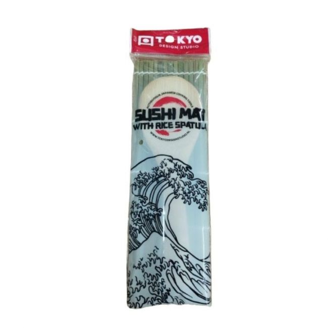 Tapete de bambu para sushi com espátula. Medidas: 24x24cm.