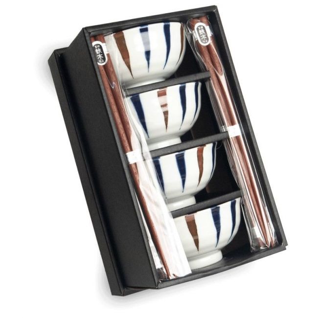 Conjunto de 4 tigelas 11,5cm Porcelana e varas "Blanco-Azul-Marron"