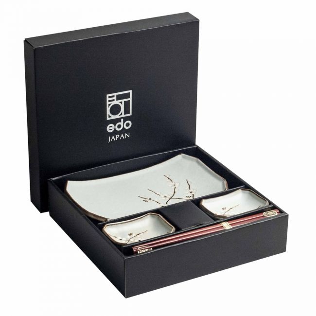 Set 2 Platos Porcelana, 2 Salseras Porcelana y 2 Palillos "Soshun"